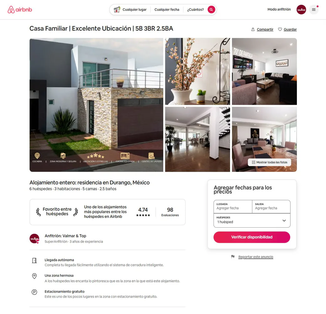 Captura real del alojamiento Airbnb Durango