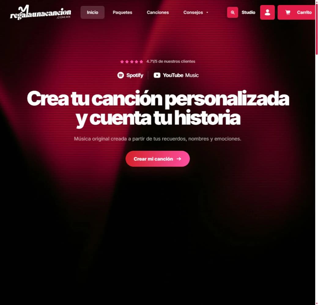 Captura real de la página principal de Regala una Canción