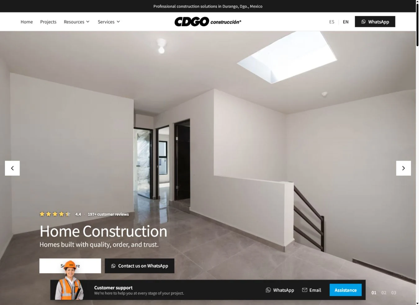 Página principal de CDGO construcción con proyectos residenciales y contacto directo