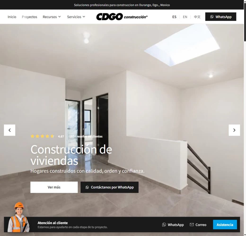 Página principal de Constructora Durango con sus servicios de construcción de viviendas y acceso directo por WhatsApp