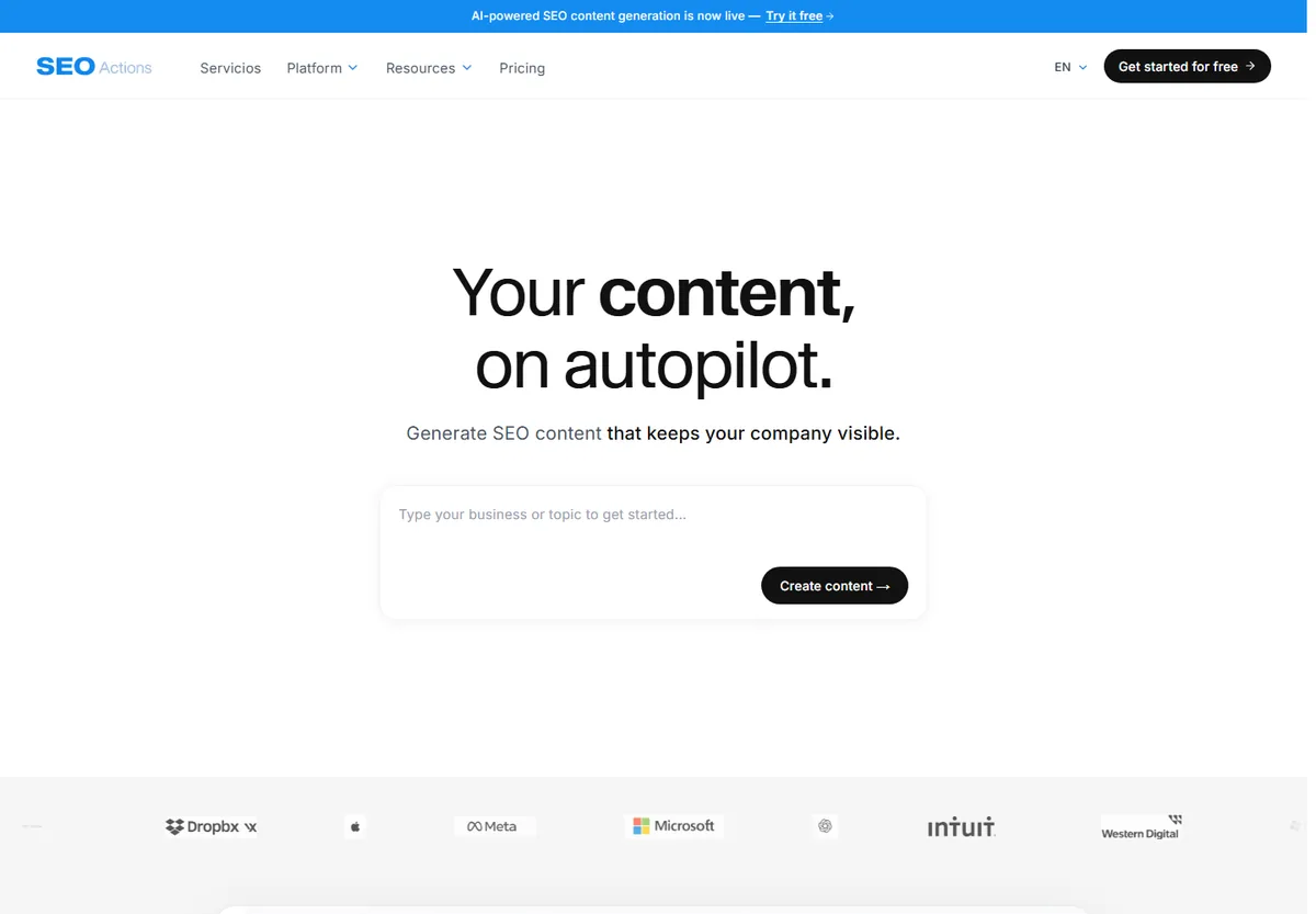 Captura de la página principal de SEO Actions